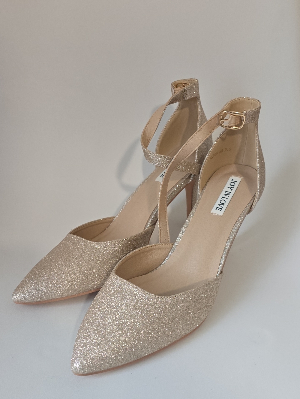 Joy In Love Glitter Pointed-Toe Ankle-Strap Heels in Champagne